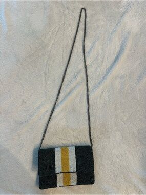 Green  Beaded Crossbody Bag with Gold & White Stripe